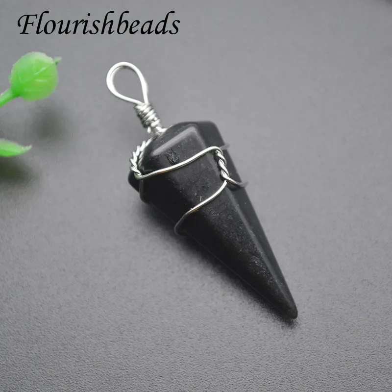 Wholesale 18x40mm Natural Stone Tourmaline  Amethyst Crystal Hexagonal Cone Metal Winding Luck Pendants for DIY Necklace