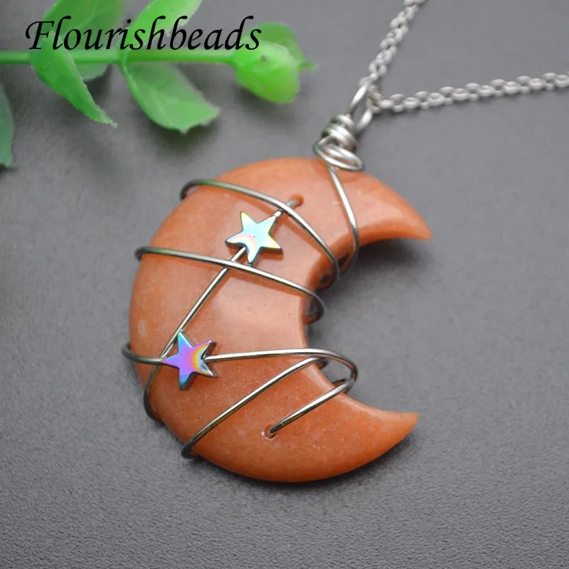 5pcs/lot Gemstone Carved Moon Shaped Necklace Healing Crystals Tiger Eye Pendant Jewelry Gift