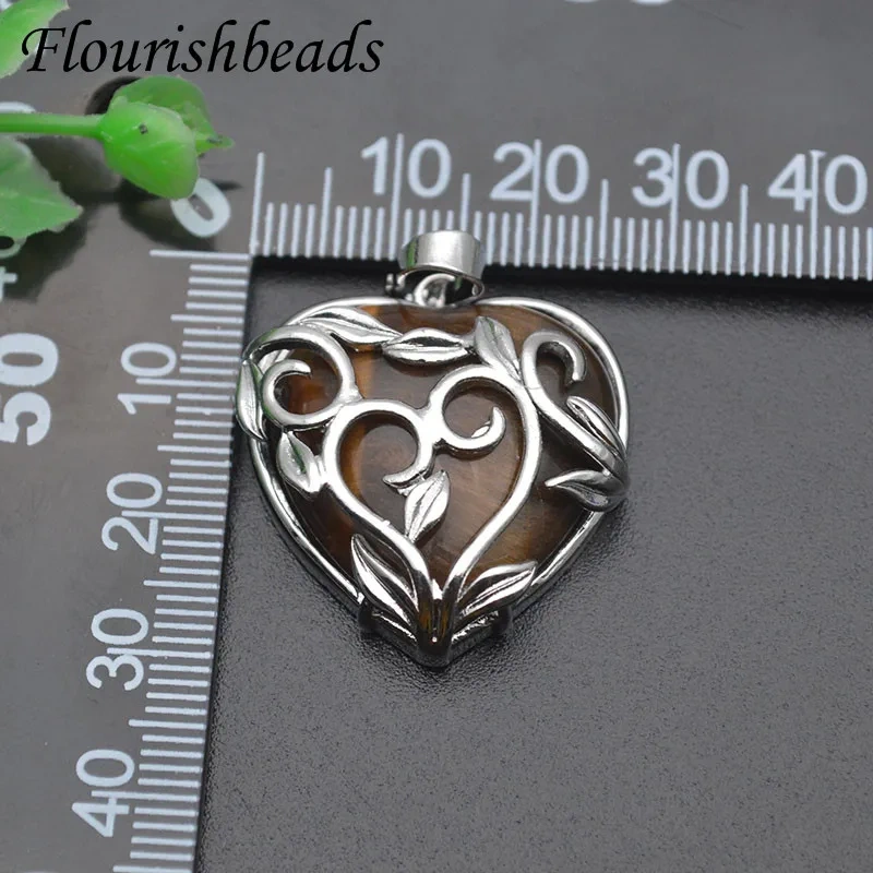 10pcs/lot Natural Tiger Eye Rose Quartz Opal Heart Shape  Pendant Necklace for Jewelry Power Gift 28*28mm