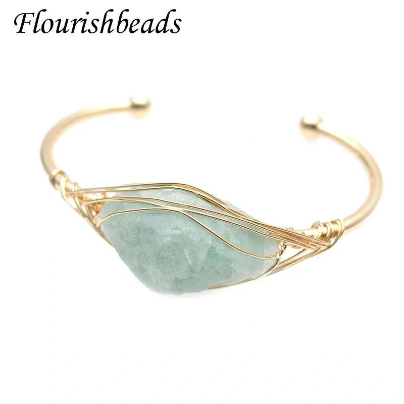 Natural Stone Raw Irregular Smoking Quartz Crystal Open Cuff Bangle for Women Men Gold Color Wire Wrap Bracelet Jewelry