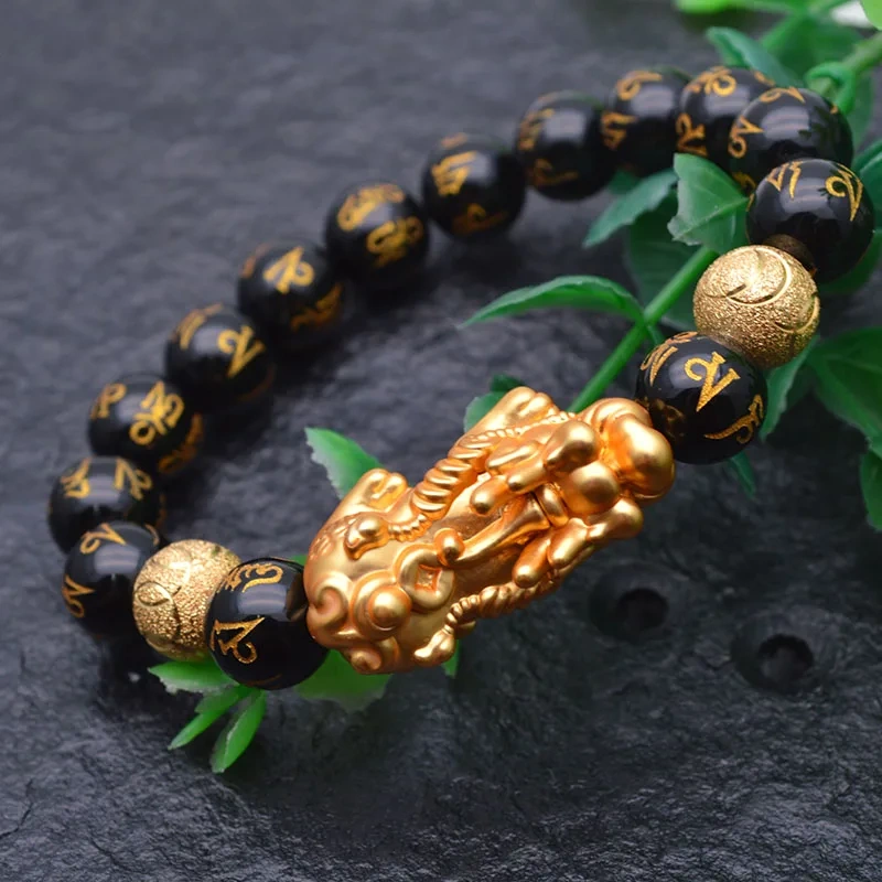 Wholesale 5pc Carved Gold Color Buddhist Words Natural Black Onyx Round Beads Metal Money Pixiu Charm Bracelet Man Jewelry