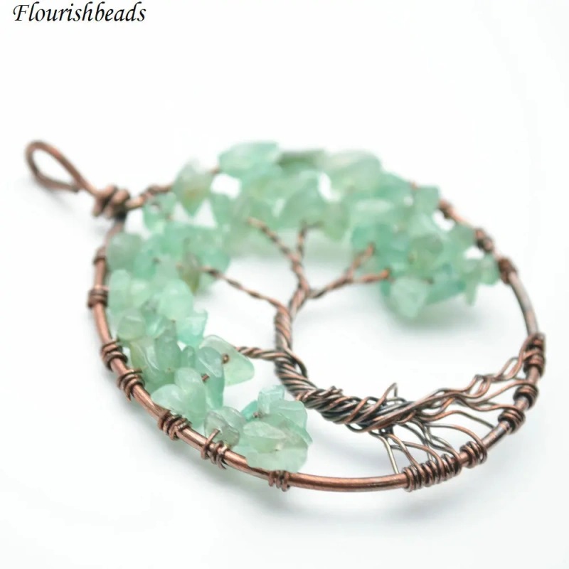 Natural Green Aventurine Stone Chips Antique Copper Color Wire Wrapped Life Tree Energy Pendant