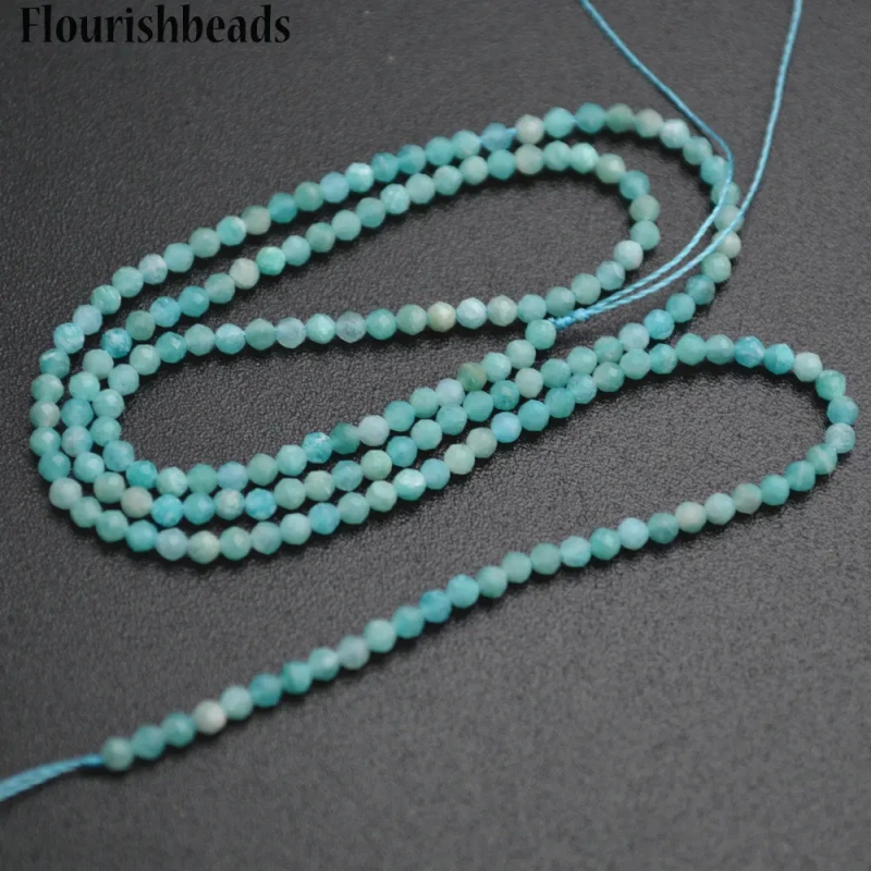 2mm Faceted Diamond Cutting Sky Blue Color Natural Amazonite Stone Round Loose Beads