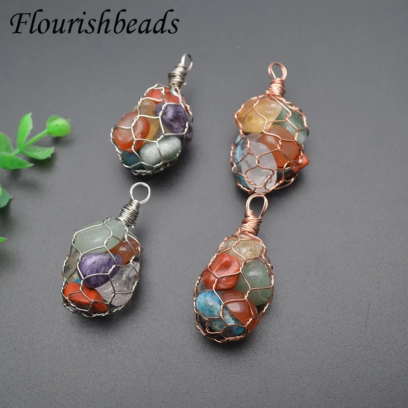 5pcs/lot  Natural Stone Crystal Amethyst Fluorite Polished Stone Nugget Rose Gold Wire Chakra Necklace Jewelry Choker Gifts
