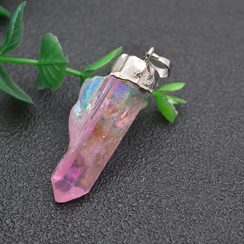 5pc  Fine Jewelry Electroplated Natural Crystal Pillar Pendants Long Stick Shape Fit Necklace Pendant Making Supplies