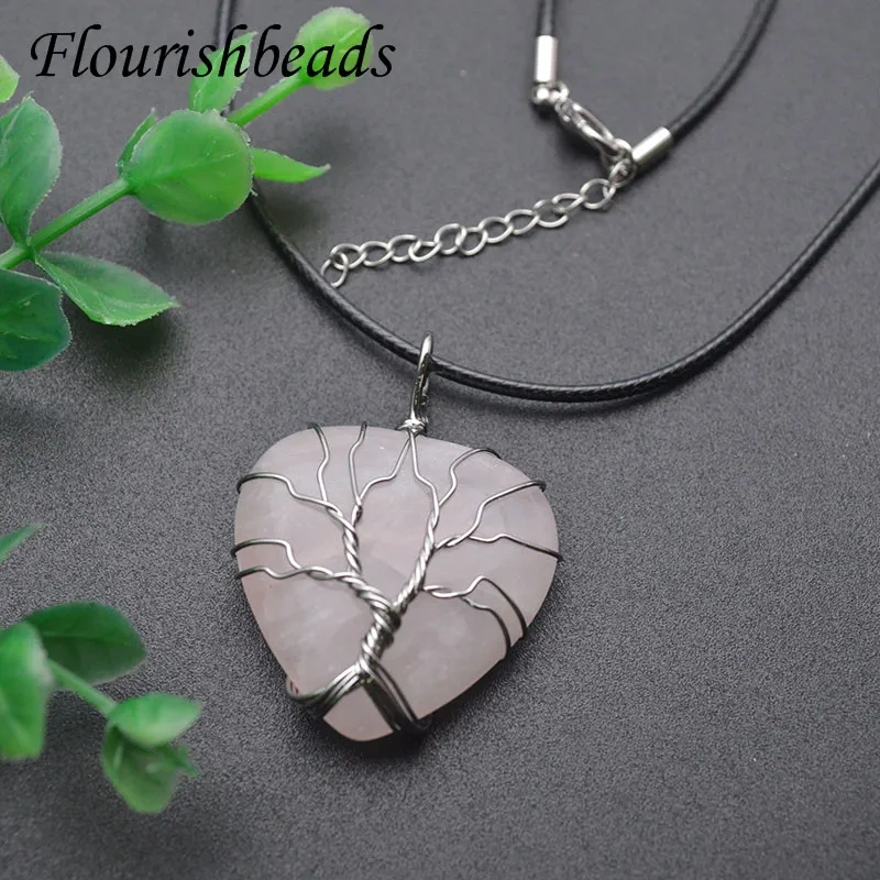 Natural Stone Crystal Aventurine Amethyst Rose Quartz Heart Shape Tree Life Winding Pendant Necklaces Jewelry Energy Yoga Gift