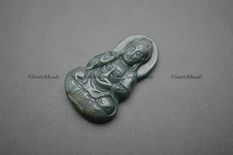 Natural Green India Agate Carved Guanyin Buddha Stone Pendant fit Buddhist Jewelry making