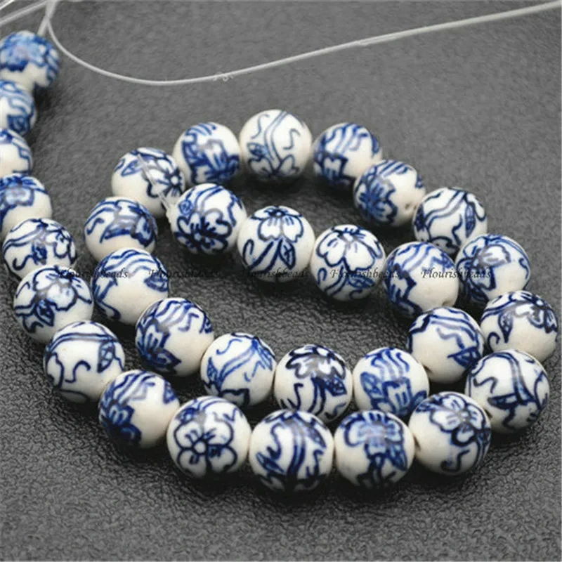12mm Beautiful Various Patterns Blue and White Porcelain Round Loose Beads DIY Materials for Bracelet Necklace Jewelry 5strands