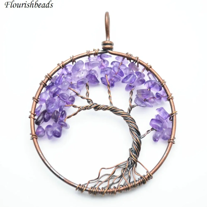 High quality Natural amethyst Stone Chips antique copper color wire wrapped Life Tree Metal Pendant