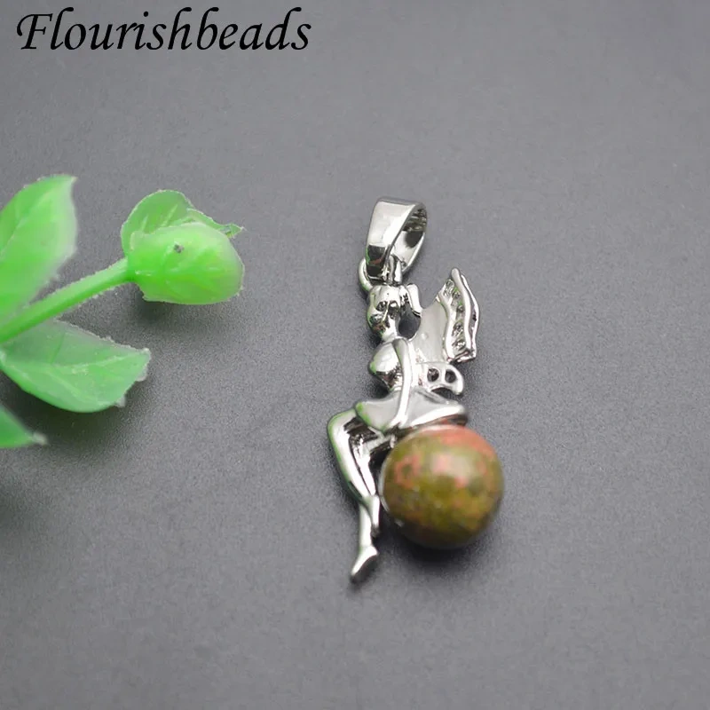 10pcs/lot Natural  Agate Green Aventurine Unakite Round Stone Genie Pendant Charm DIY Necklace Jewelry Making