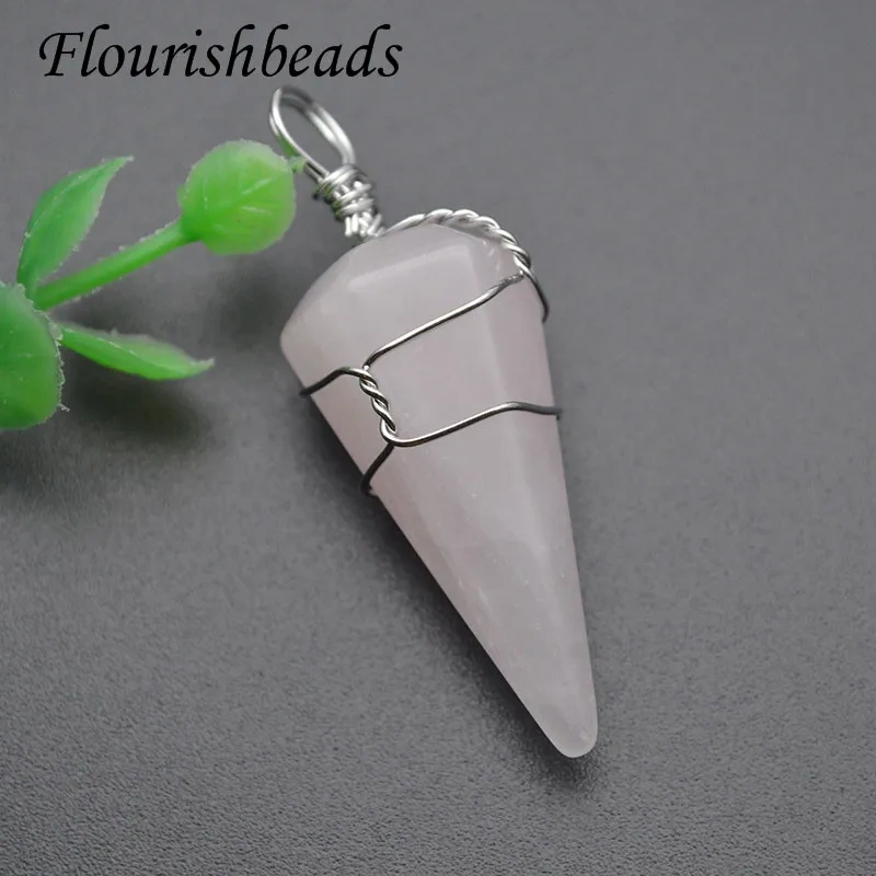 Wholesale 18x40mm Natural Stone Tourmaline  Amethyst Crystal Hexagonal Cone Metal Winding Luck Pendants for DIY Necklace