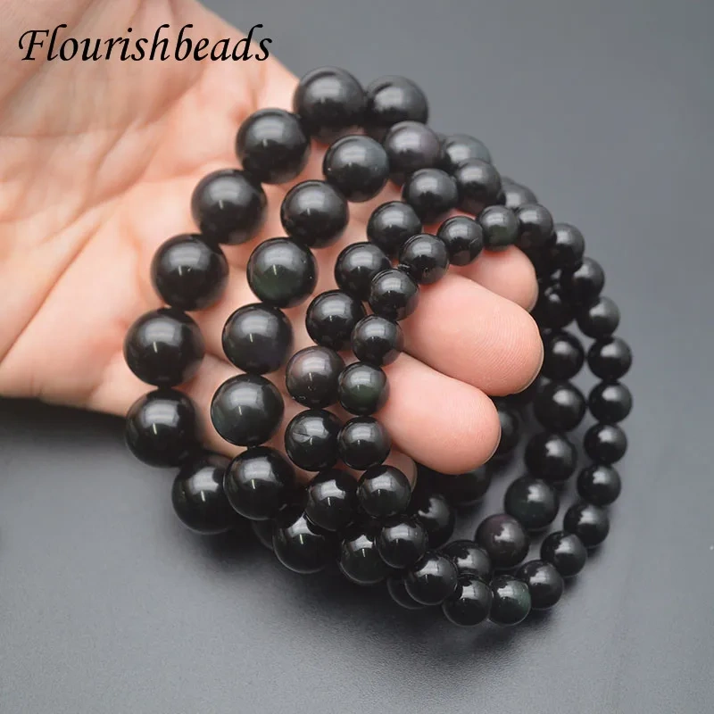 8/10/12/14mm Natural Round Beads Rainbow Black Obsidian Bracelet for Men Women Prayer Healing Jewelry