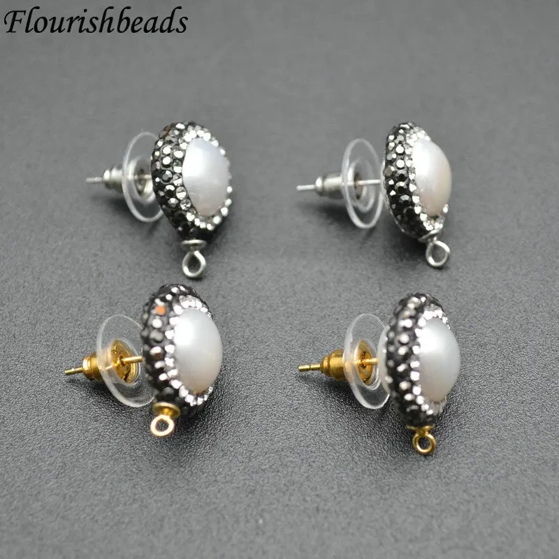 Paved Black Crystal Natural White Pearl Round Shape Dangle Earrings Stud Hooks 925 Silver Pin Jewelry Clasps Findings