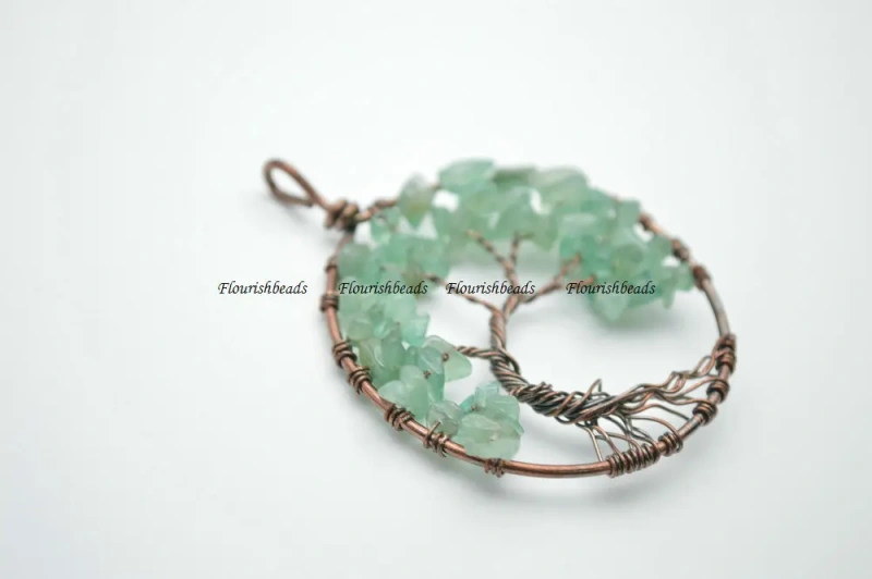 Natural Green Aventurine Stone Chips Antique Copper Color Wire Wrapped Life Tree Energy Pendant