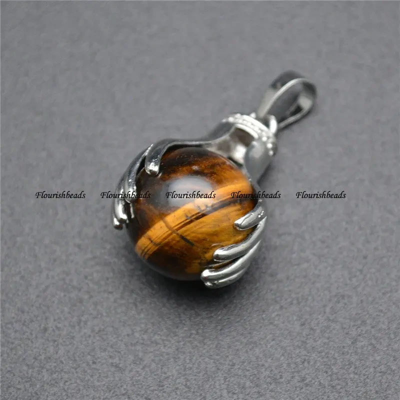 1pc Natural Gemtone Hands Hold Round Ball Pendant Fit Necklace Jewelry Making (Amethyst / Tiger Eye / Quartz /Crystal)
