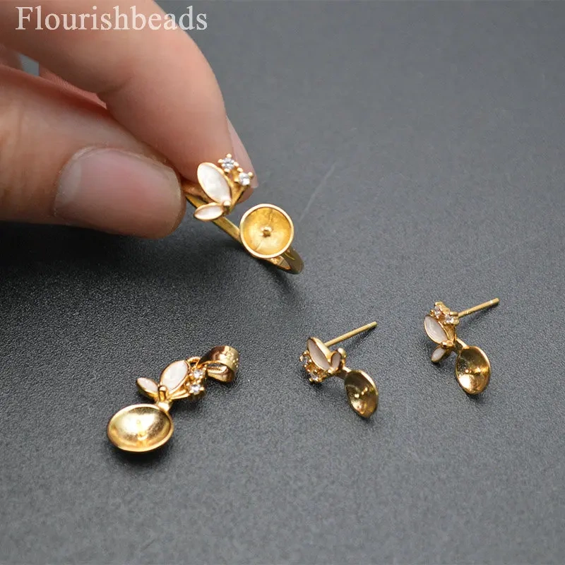 Gold Color Jewelry Set CZ 925 Silver Blank Flower Pendant Earrings Base Adjustable Ring Setting For Jewelry Making Supplies