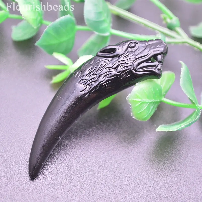 5pc Cool Men Jewelry Carved Wolf Head Teeth Claw Shape Natural Black Obsidian Stone Necklace Pendants