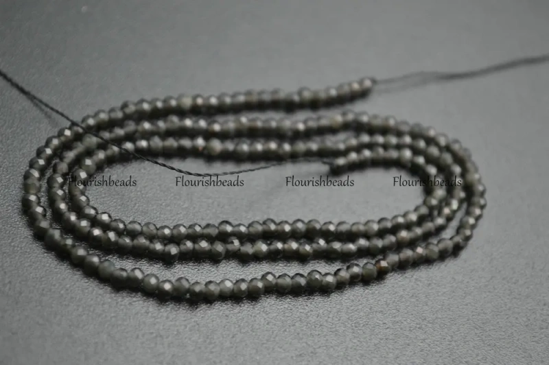 2mm ~ 2.5mm Diamond Cutting Faceted Natural Black Obsidian Stone Round Loose Beads