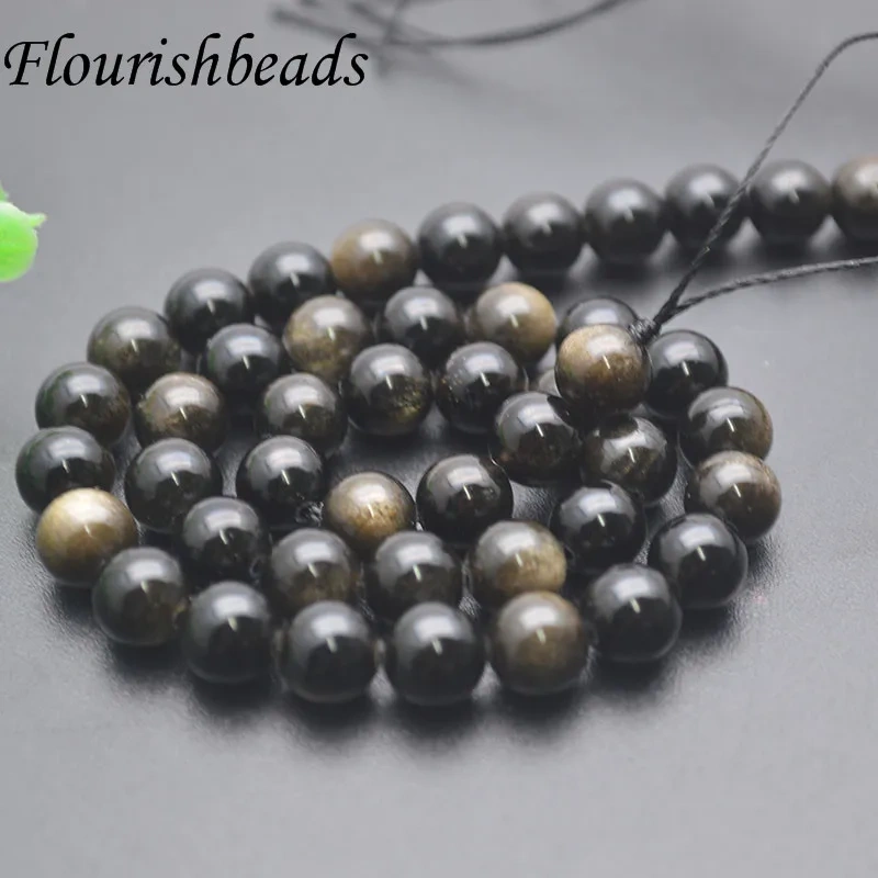 8/10/12mm Natural Stone Gold Black Obsidian  Round Loose Beads Gemstone Beads for DIY Jewelry Making Necklace