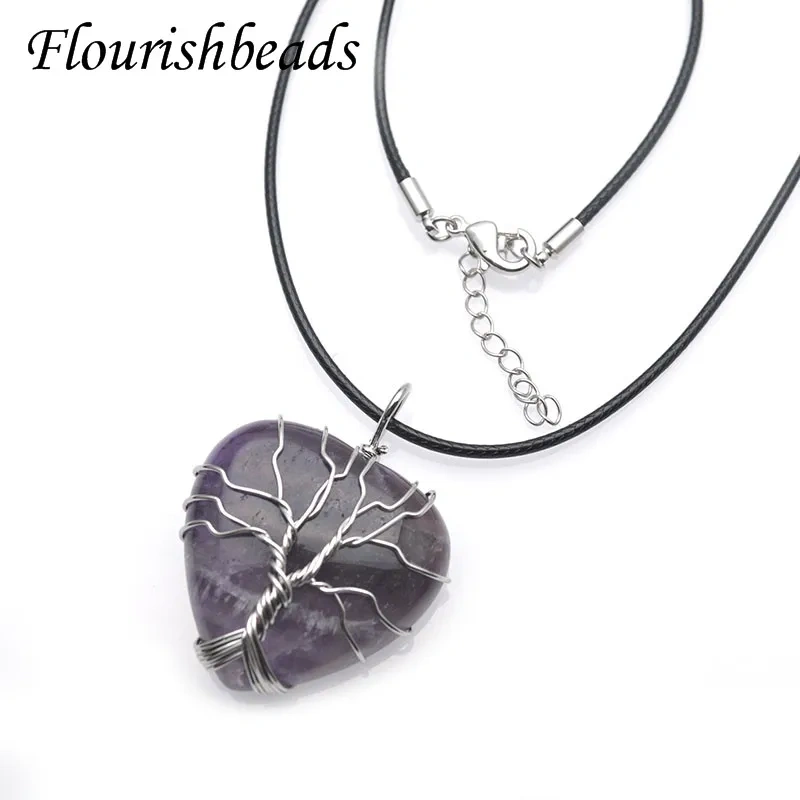 Natural Stone Crystal Aventurine Amethyst Rose Quartz Heart Shape Tree Life Winding Pendant Necklaces Jewelry Energy Yoga Gift