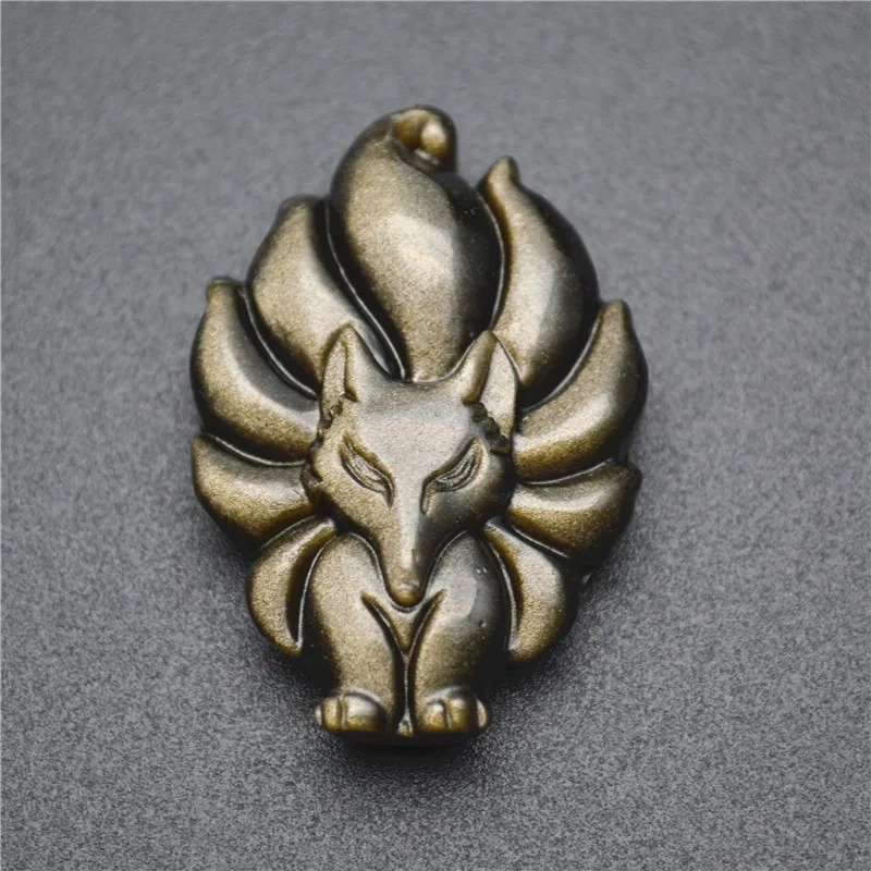 Natural Gemstone Carved Nine-tailed Fox Stone Animal Pendant Fit Necklace ( Gold / Black / Colorful Obsidian)
