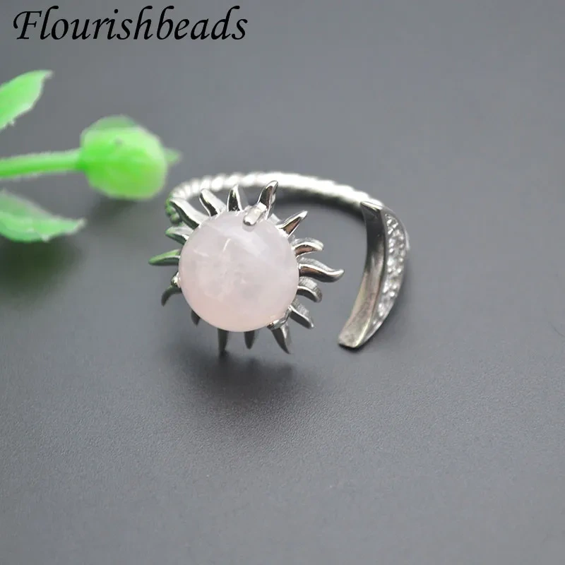 5pcs/lot Natural Lapis Amethyst Rose Quartz Sun Shape Crystal Open Ring Metal Copper Band for Wedding Women Jewelry