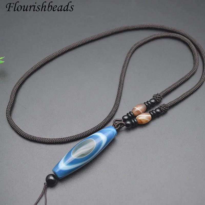 Luxury Gemstone Blue Agate Long Rice Shape Tibetan DZI Beads Rope Necklace Religious Jewelry Gift