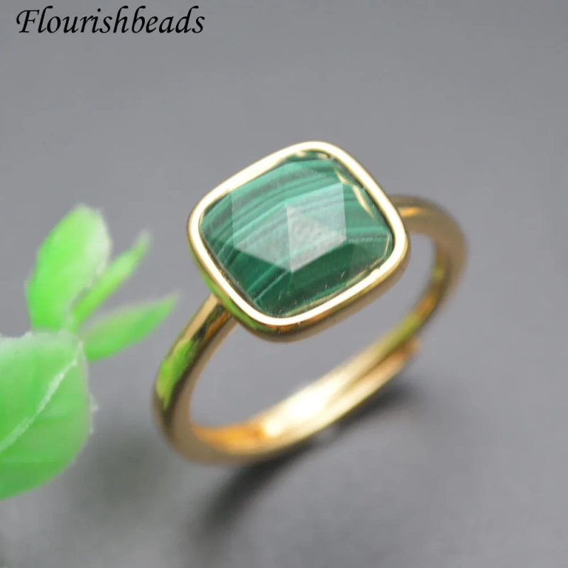 Luxury Shiny Natural Labradorite Geometric Square Ring Adjustable Size Finger Ring Couple Yoga Healing Jewelry Gift