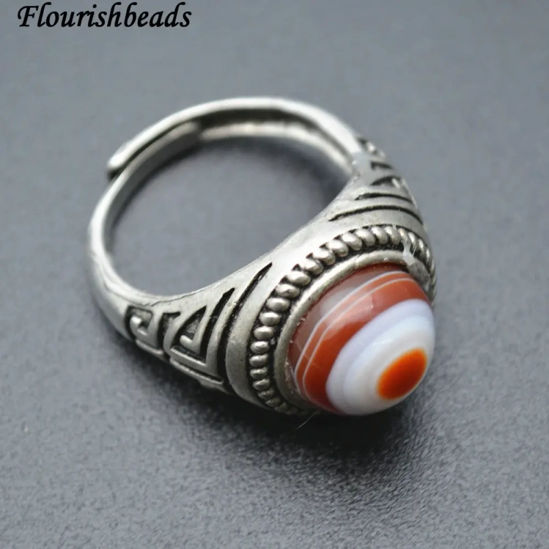 Natural Banded Agate DZI Bead Eye Veins Stone Rings Man's Jewelry (Red / Black )