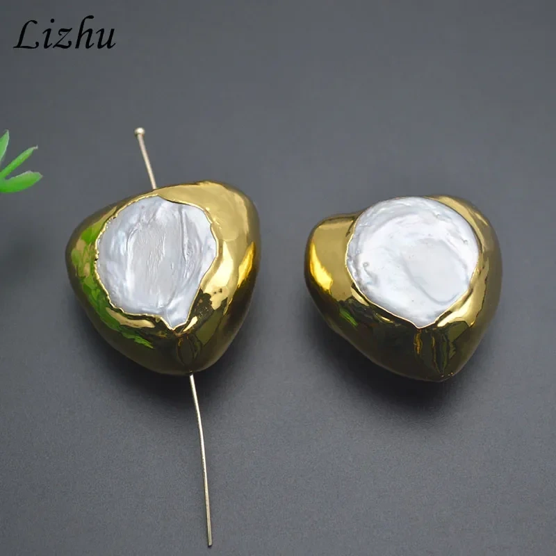 Real Gold Plated Cultured Pearl Big Size Heart Shape Through Hole Loose Beads for DIY Jewelry Making Necklace 5pcs/lot