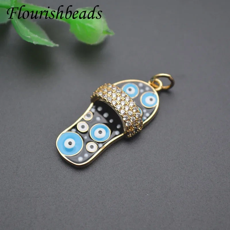 10pcs Paved CZ Beads Turkish Blue Evil Eye Enamel Slipper Pendant Charm Shoe for Handmade Jewelry Making Necklace