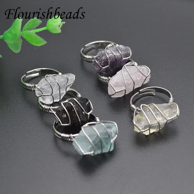 Natural Stone Quartz Crystal Rings Wire Wrap Irregular Citrine Aquamarine Obsidian Adjust Finger Ring Jewelry for Women Gifts