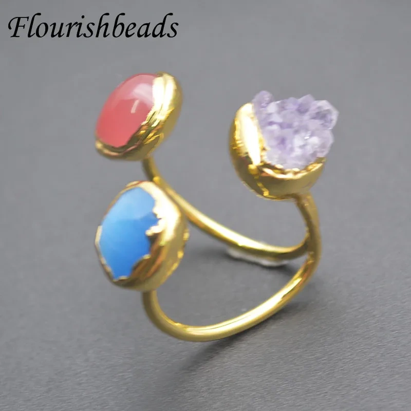 Unique Style Natural Red Agate Amethyst Crystal Beads Paved Adjustable Rings for Women Man Fashion Jewelry