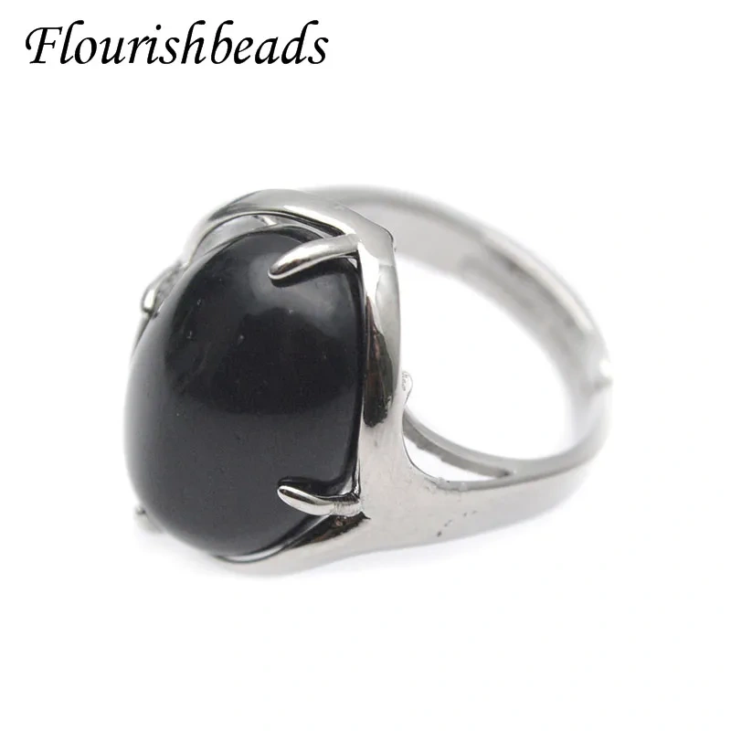 Natural Stone Smooth Oval Cabochon Rings Quartz Amethyst Crystal Lapis Obsidian Adjustable Ring Fine Jewelry