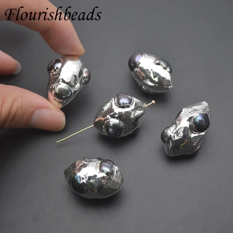 5pcs Silver Color Natural Freshwater Gray Pearl Oval Shape Through Hole Loose Beads for DIY Fine Jewelry Making Necklace