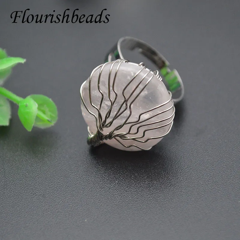 Natural Stone Crystal Rings Silver Color Wire Wrap Round Tiger Eye Unakite Opal Stone Quartz Adjust Finger Rings for Women Gift