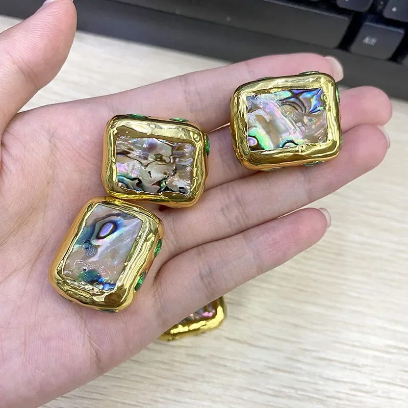 5-10pcs Natural Abalone Shell Gold Plated Flat Square Loose Beads Paved Green Crystal Pendant for DIY Jewelry Necklace Earrings