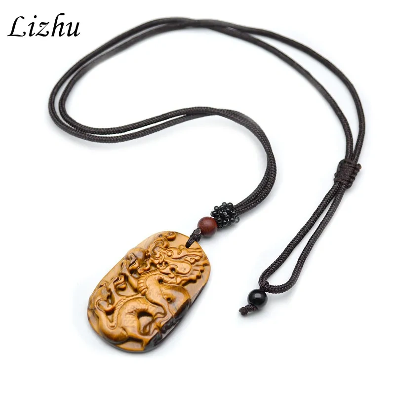 1pc Natural Stone Yellow Tiger Eye Necklaces Carving China Dragon Necklace Pendant Energy Good Luck Overbearing Jewelry