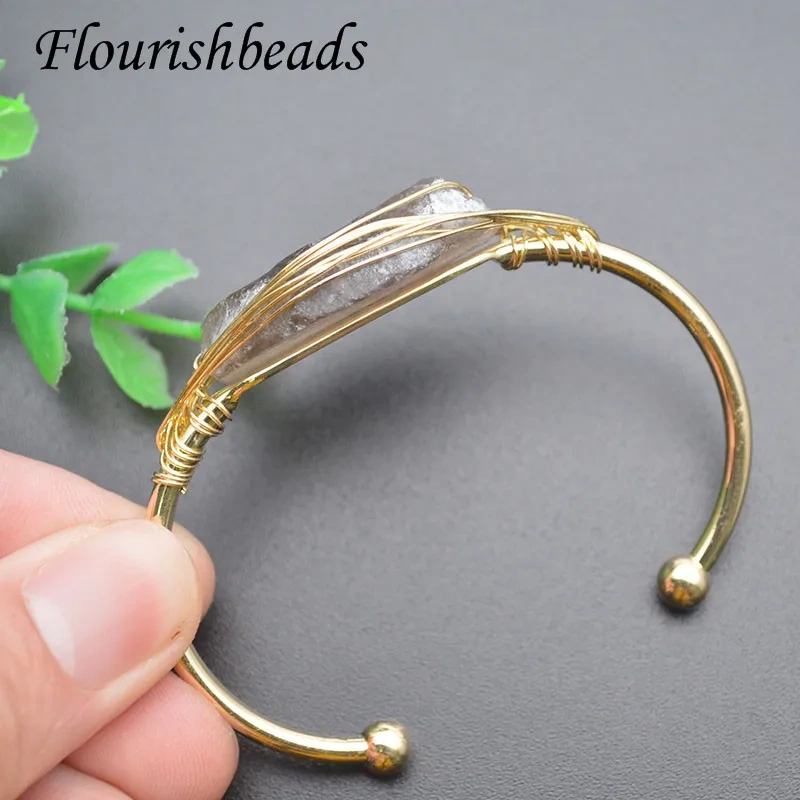 5pcs/lot Natural Stone Gold-color Wire Wrap Irregular Crystal Quartz Cuff Bangles for Fashion Jewelry Gift