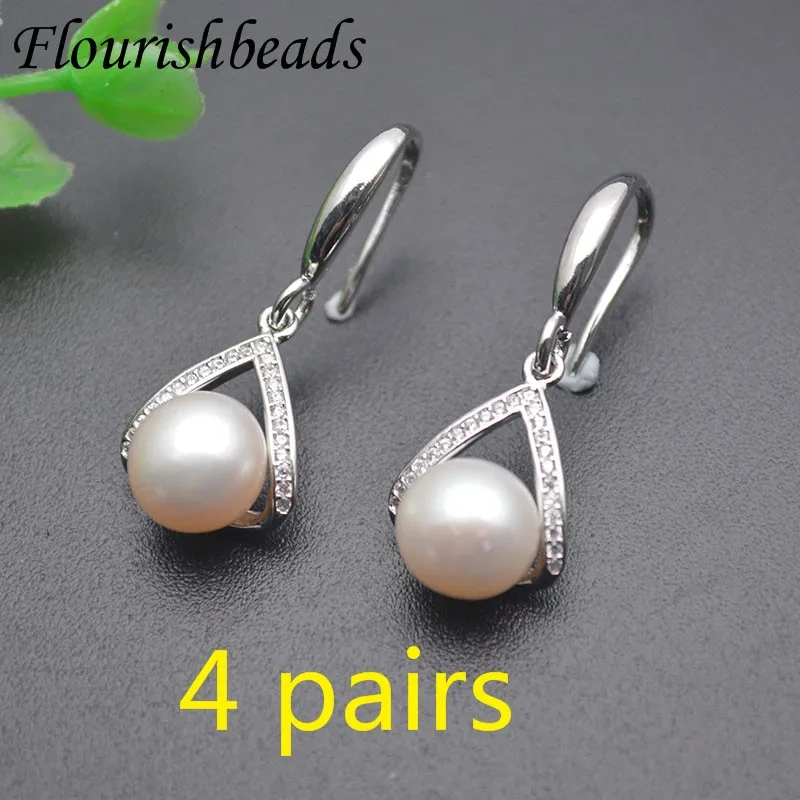 Wholesale Natural Round Pearl Earrings 925 Sterling Silver Dangling Earrings Paved CZ Beads Nickel Free Jewelry Women Gift