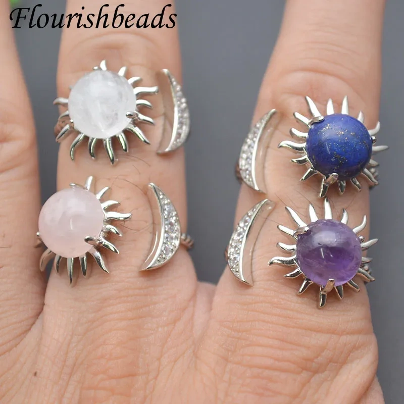 5pcs/lot Natural Lapis Amethyst Rose Quartz Sun Shape Crystal Open Ring Metal Copper Band for Wedding Women Jewelry