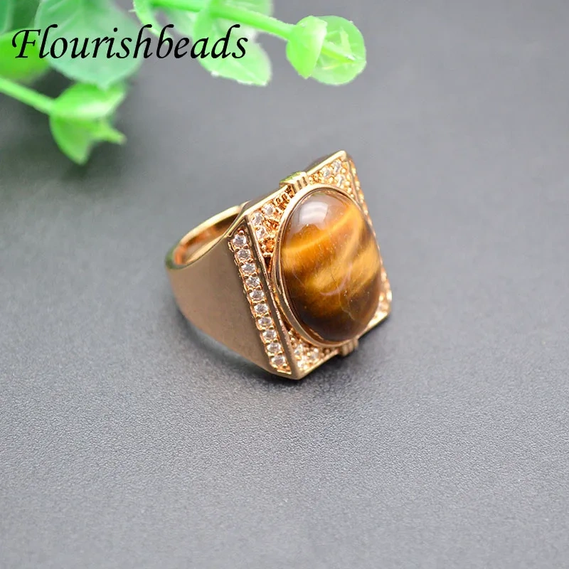 5pcs Natural Tiger Eye Stone Ring CZ Beads Paved for Women Men Handmad Luxury Jewelry Gift Ring Surface 20x20mm