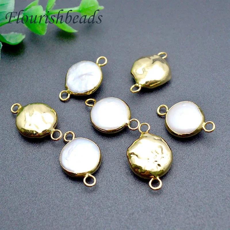 10pcs/lot Natural Pearl Gold Color Connector Edg Coin Flat Pearls Charms Double Hole Clasp for DIY Jewelry Making