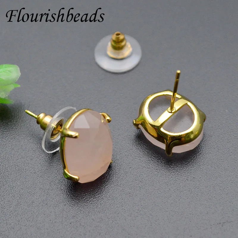 1pair Faceted Oval Reiki Healing Crystal Rose Quartz Earrings Posts Women Girl Ear Studs Party Jewelry