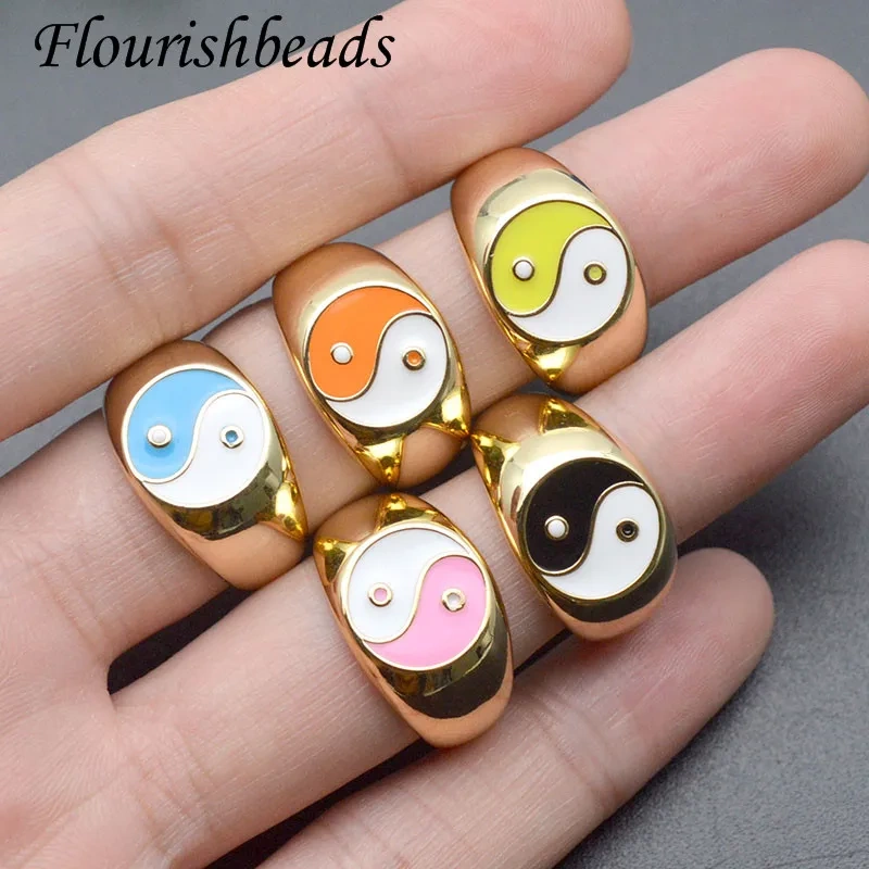 Copper Gold Plated Nickel Free Rainbow Yinyang Enamel  Small Rings for Couple Rings Finger Ring Jewelry Size 7.8-8.3