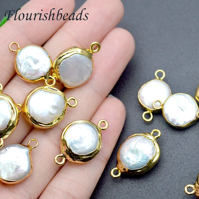 10pcs/lot Natural Pearl Gold Color Connector Edg Coin Flat Pearls Charms Double Hole Clasp for DIY Jewelry Making