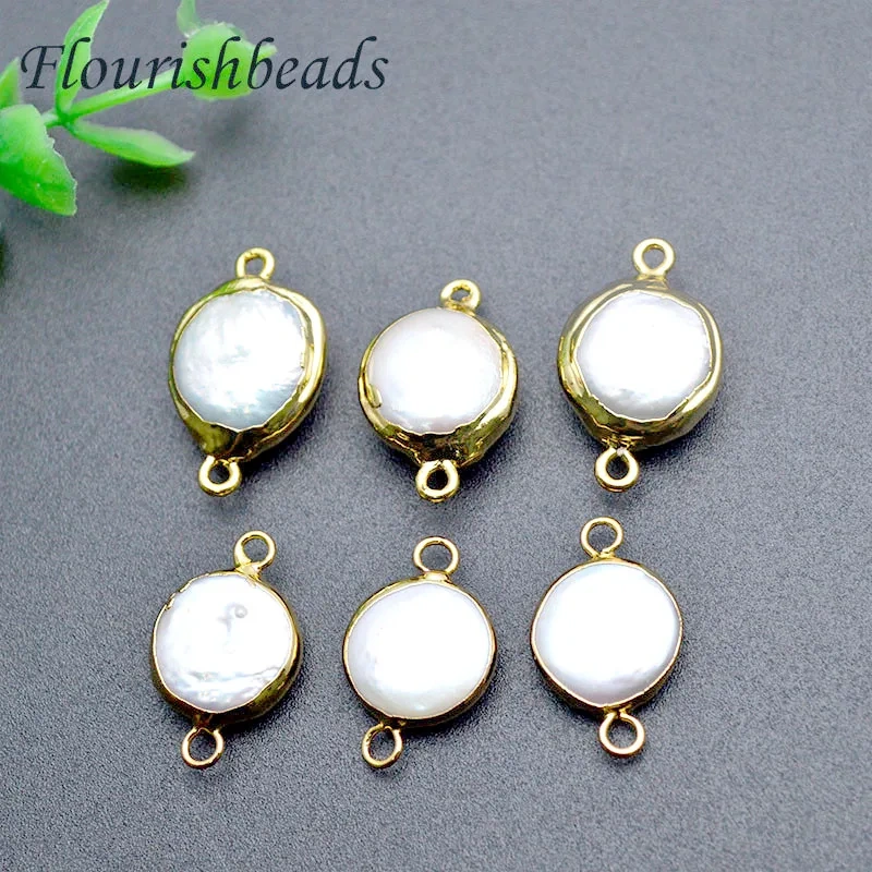 10pcs/lot Natural Pearl Gold Color Connector Edg Coin Flat Pearls Charms Double Hole Clasp for DIY Jewelry Making
