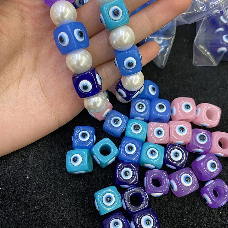 Hot Sell 12mm Square Turke Evil Eye Big Hole Resin Loose Spacer Beads for DIY Jewelry Making Necklace Accessories 100pcs/lot