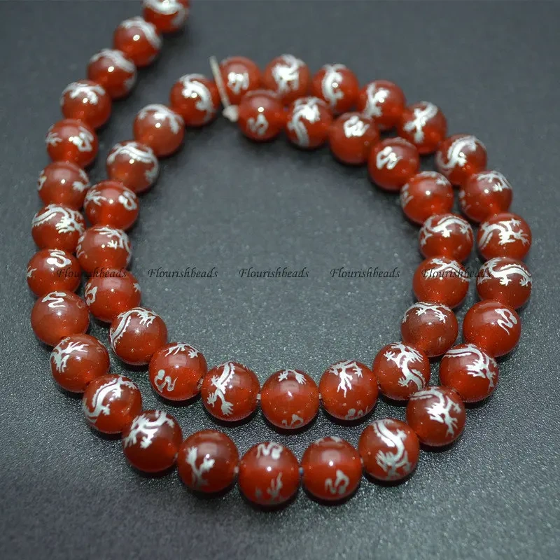 8mm Carved Chinese Dragon Pattern Natural Agate Gemstone Beads Fine Jewelry Making Earrings Necklace Stone Loose Beads