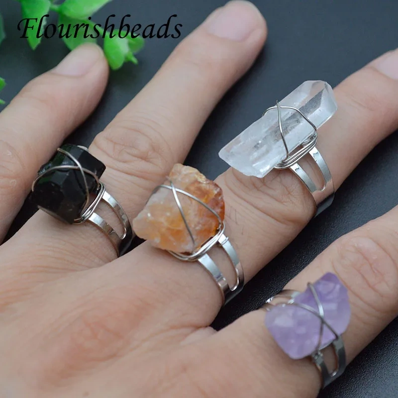 Fashion Irregular Raw Crystal Rings Amethyst Obsidia Natural Stone Ring Adjustable Finger Ring for Women Men 3~5pcs/lot